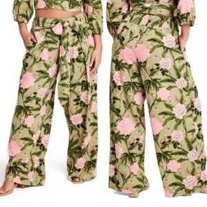 Agua Bendita Target Green Pink Floral Linen Blend Wide Leg Pants 2X High Rise